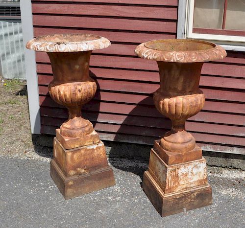 Large Pair Cast Iron Garden Urns/Plinths