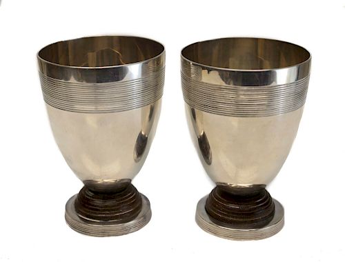 Pair Christofle Silver Plate & Wood Beakers