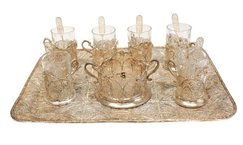 Sterling Silver Filagree & Glass Tea Service for 6