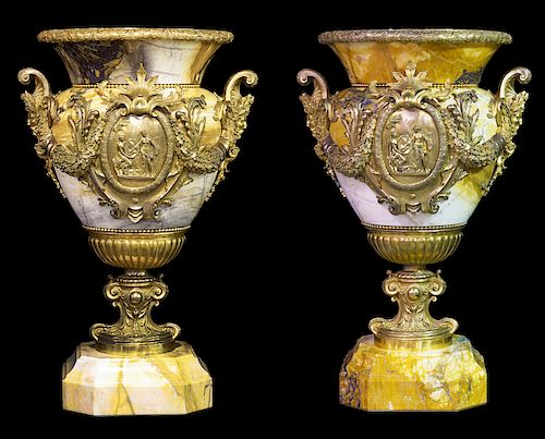 Pr. French Monumental Marble & Dore Bronze Urns