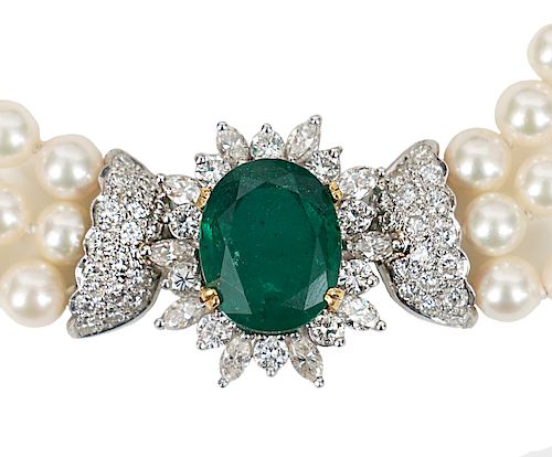GIA 12.15 Ct Emerald & Diamond Pearl Necklace