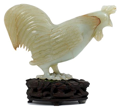 Chinese Carved Jade Rooster on Custom Wood Base