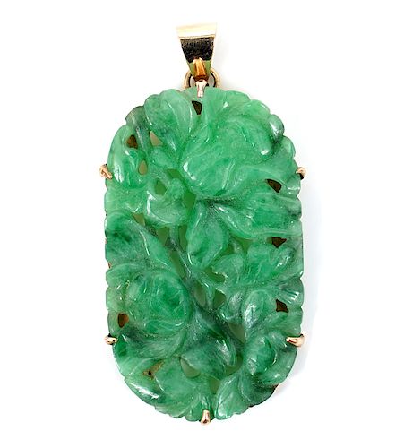 Chinese Carved Green Jade & Gold Pendant