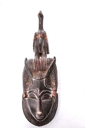 African Baule Guro Face Mask w Bird Carved Wood