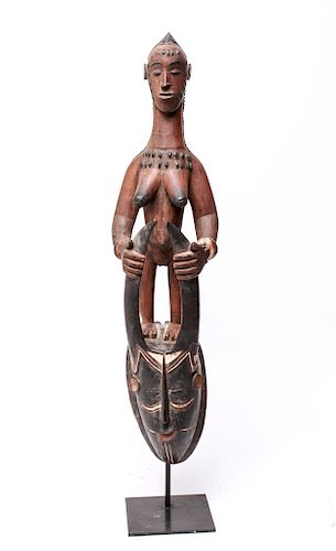 African Guro Horned Mask w Female Figure Sculpture