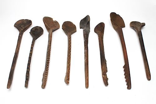 African Long Handled Spoons Carved Wood Group of 8