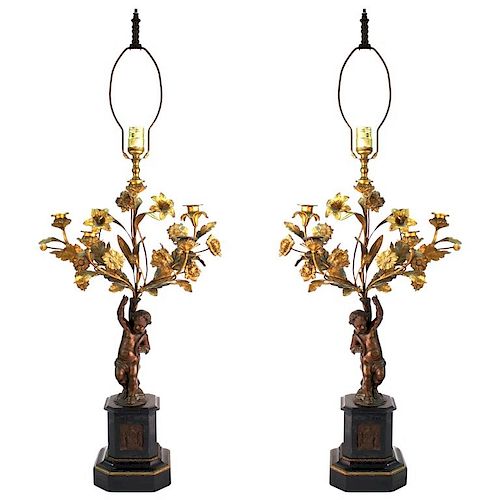 French Neoclassical Revival Bronze Table Lamps, Pr