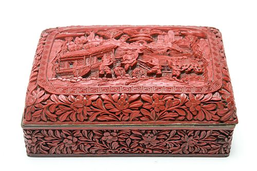 Chinese Carved Cinnabar Covered Box w Figures
