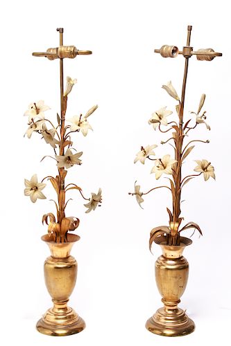 Continental Brass & Tole Floral Table Lamps, Pair