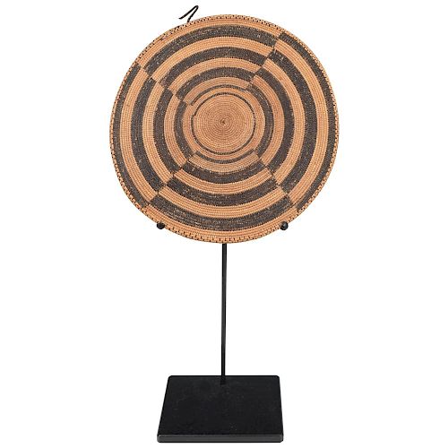 African Hand Woven Rattan Disc on Metal Stand