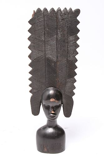 African Head w Headdress Carved Wood Sculpture