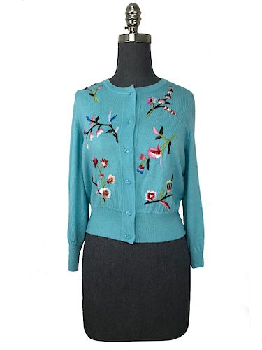 Oscar de la Renta Floral Embroidered Cashmere Cardigan Size M 