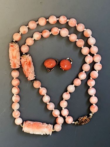 CHINESE  CORAL  NECKLACE AND EAR RING