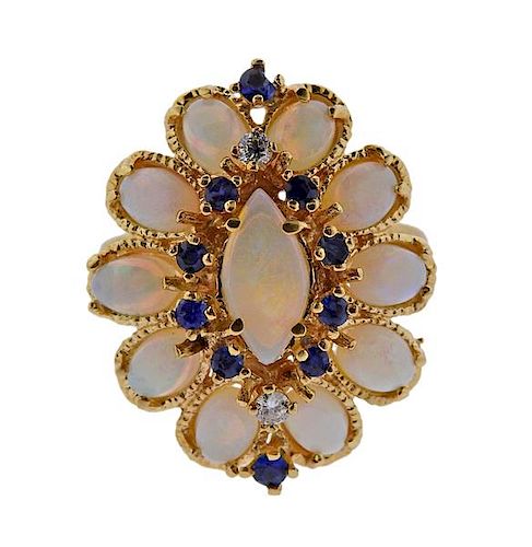 14k Gold Diamond Opal Sapphire Ring 