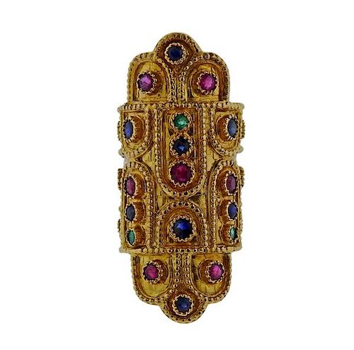 Lalaounis Greece Ruby Sapphire Emerald Gold Wide Ring 