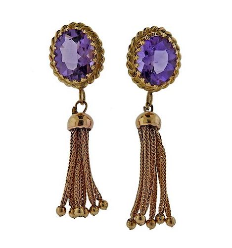 Mid Century 14K Gold Purple Stone Tassel Earrings