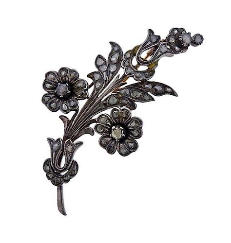 Antique 18K Gold Silver Rose Cut Diamond Flower Brooch Pin