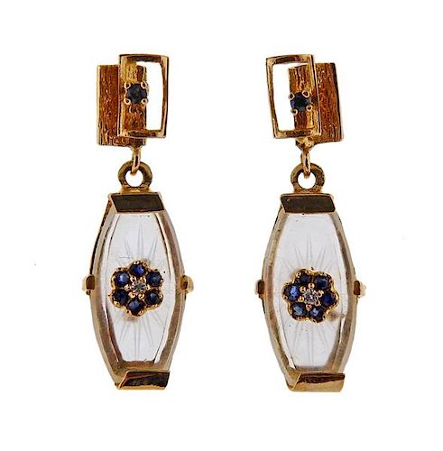 14K Gold Diamond Blue Stone Crystal Drop Earrings