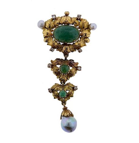 Antique 18K Gold Diamond Green Stone Pearl Brooch Pendant