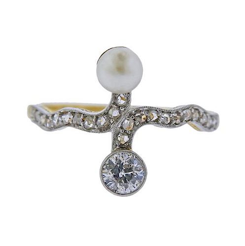 Antique 18K Gold Diamond Pearl Bypass Ring