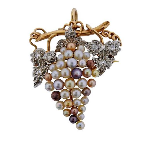 Antique 14K Gold Diamond Pearl Grape Vine Brooch Pendant