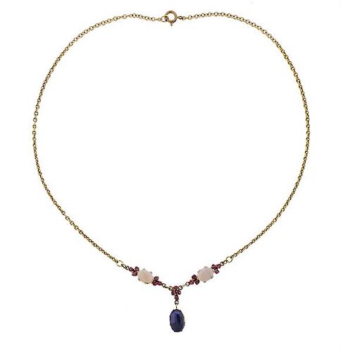 14K Gold Opal Sapphire Pink Stone Drop Pendant Necklace