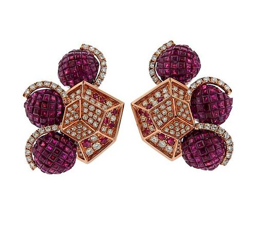 14k Rose Gold Ruby Diamond Earrings 