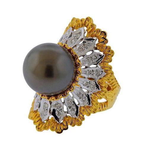 18k Gold Diamond South Sea Tahitian Pearl Ring 