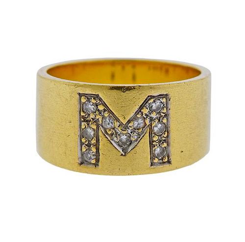 18K Gold Diamond Initial M Band Ring