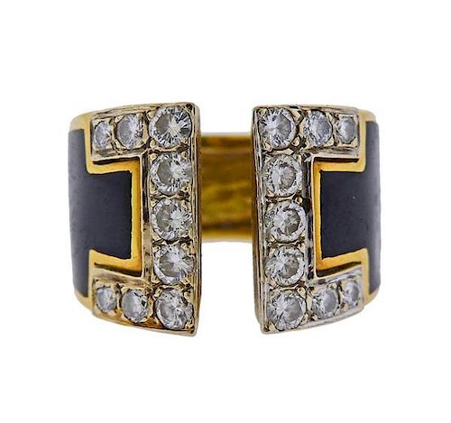 18K Gold Diamond Enamel Wide Open Band Ring