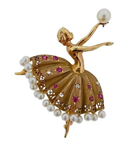 Retro 14k Gold Pearl Diamond Ballerina Brooch Pin 