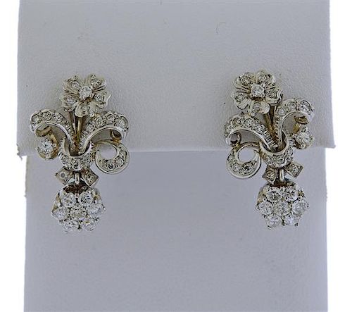 18K Gold Platinum Diamond Flower Drop Earrings