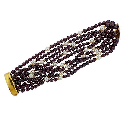 18K Gold Garnet Pearl  Multi Strand Bracelet