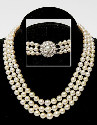 14K Gold Diamond Clasp Three Strand Pearl Necklace
