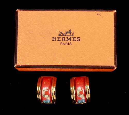Hermes Gold-Tone & Enamel "Elephant" Earrings