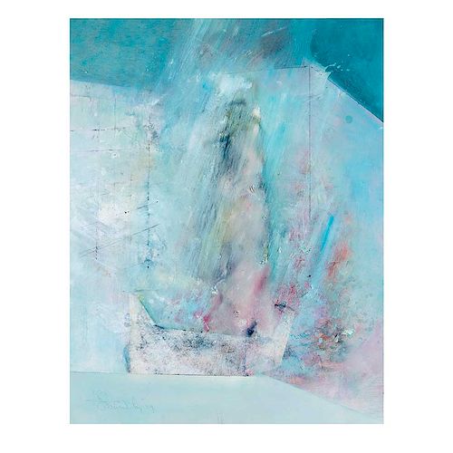 Gustavo Arias Murueta. Desnudo en el baño. Mixta sobre papel. Firmada y fechada 79. Enmarcada. 58 x 44.5 cm