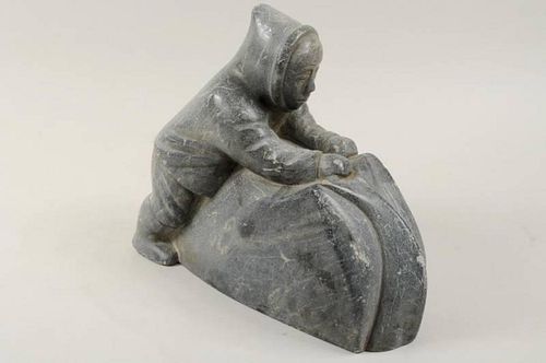 Large Inuit Stone Carving Of Man w/Fish