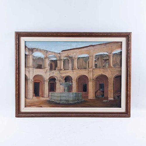 Firmado Esperón. México, siglo XX. Vista interior con fuente. Óleo sobre tela. Firmado. Enmarcado. 45 x 65 cm