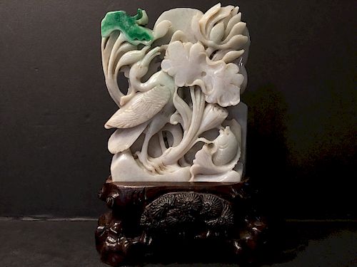 OLD Large Chinese Feicui carvings with Crane and fish and lotus on wood stand