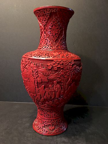 OLD Chinese Cinnabar Vase with Figurines and landscape, 12 1/2" high. Republic