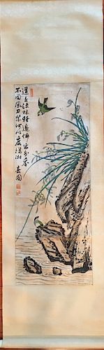 OLD Chinese Watercolor painting with birds and flowers, marked
