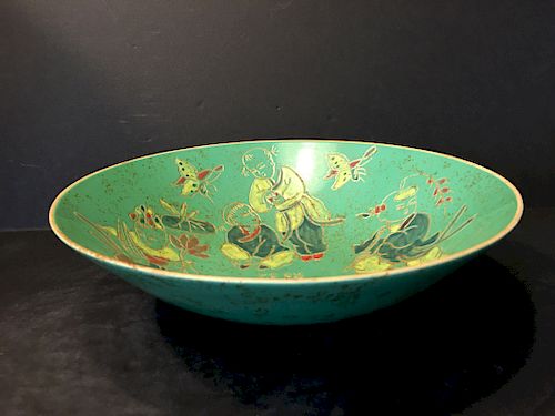 A Fine Chinese Green glaze Bowl with Figures and Chinese Poem. 10" x 2 3/4" h