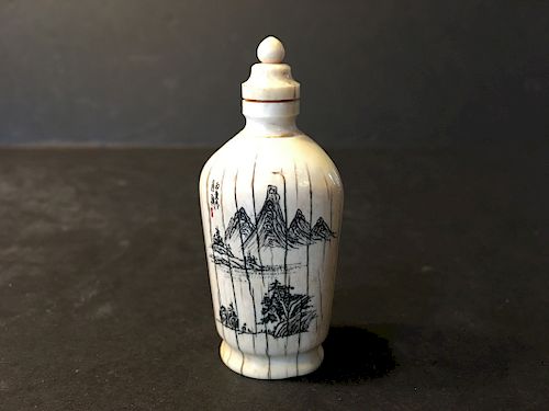 OLD Chinese Large Snuff Bottle with carvings and Chinese Writings, signed