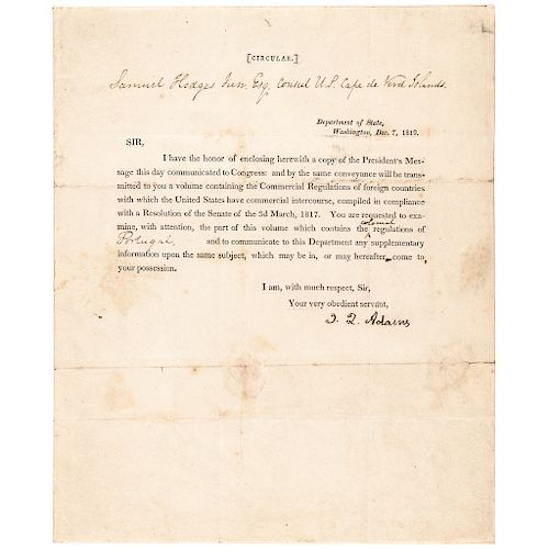 1819 JOHN QUINCY ADAMS Signed US Department of State Circular Letter on Trade