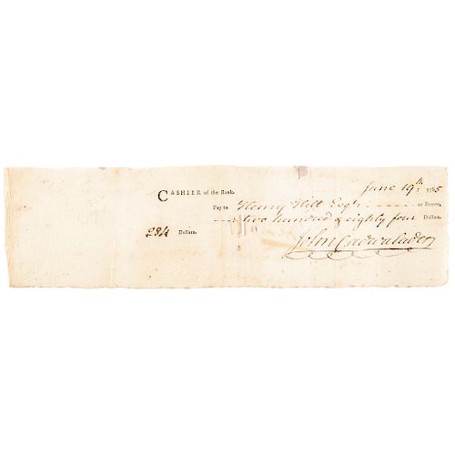 1785 Check Signed JOHN CADWALADER, Rev War Commander of Pennsylvania Troops 