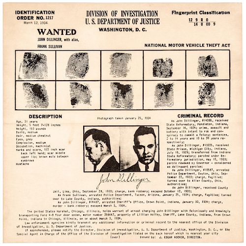 March 1934 JOHN DILLINGER Official Fingerprint Classification and Wanted Poster