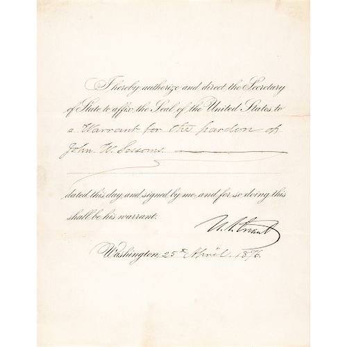 ULYSSES S. GRANT 1876 Signed Presidential Warrant for a Pardon at Washington