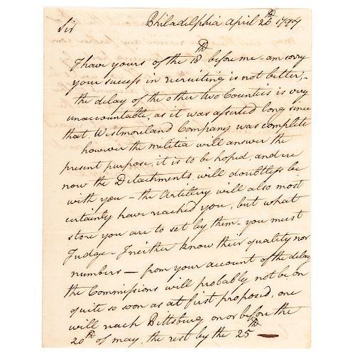 General WILLIAM IRVINE April 1794 WHISKEY REBELLION Related Letter