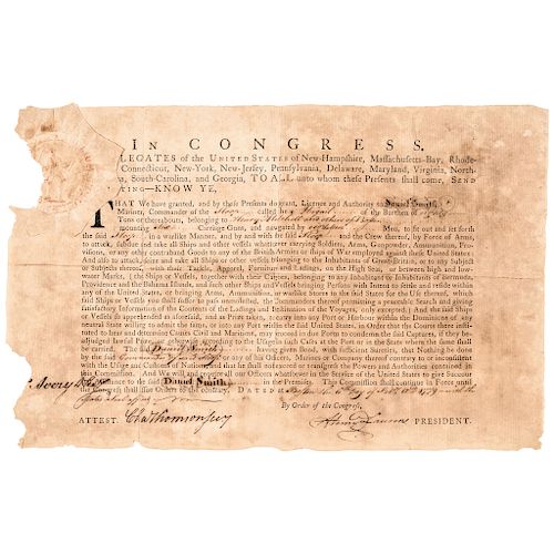 1779 President of the Continental Congress HENRY LAURENS Signed Letter of Marque