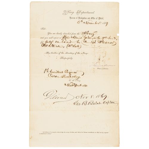 Four U.S. NAVY ADMIRALS, 1869 Document Signed
